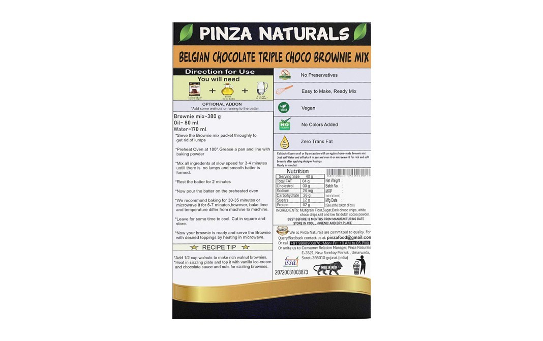 Pinza Naturals Belgian Chocolate Triple Choco Brownie Mix   Box  380 grams